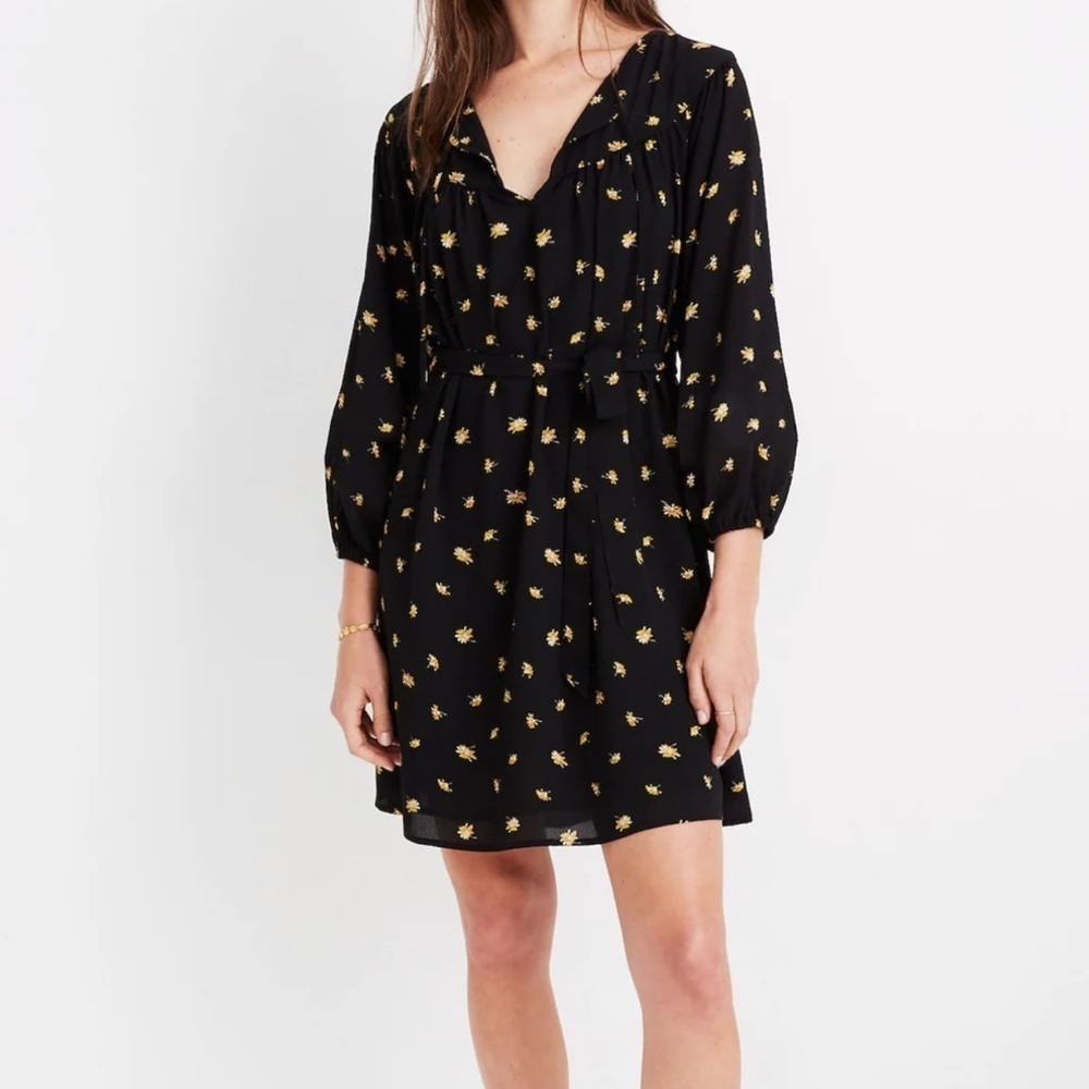 Madewell Tie-Waist Mini Dress in French Daisies Black Womens XS Floral Prairie - Picture 2 of 14